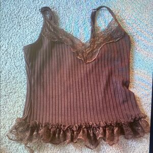 Brown Lace Trim Ribbed Women's Top